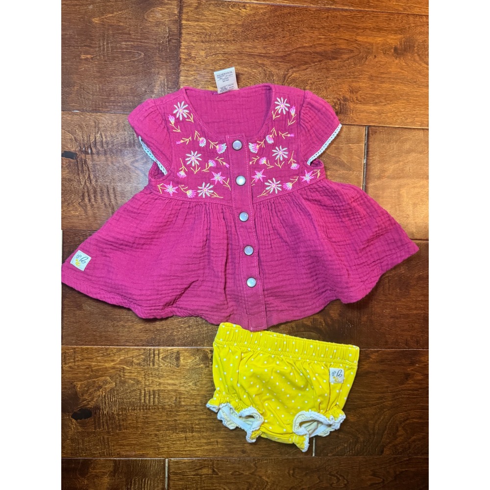 Wildflowers Baby Girls Pink Gauze Floral Embroidered Tunic Yellow Bloomers Set